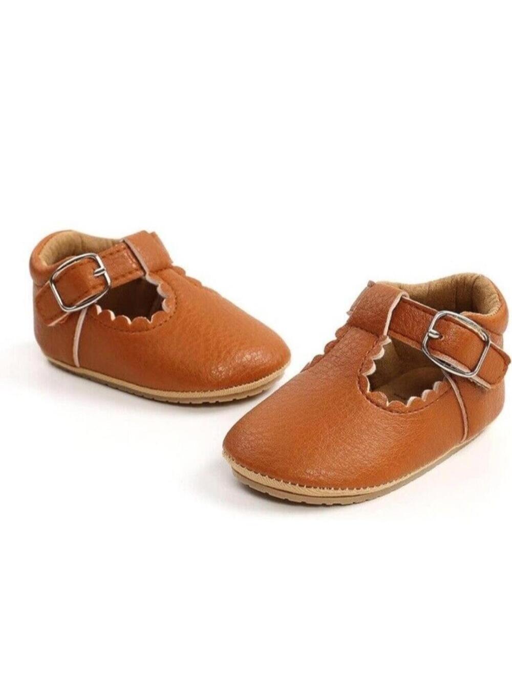 Baby Girl Pre-Walking Shoes 0-6 Month Mary Jane Brown Tan Soft Anti-Slip With Wh - Picture 5 of 6